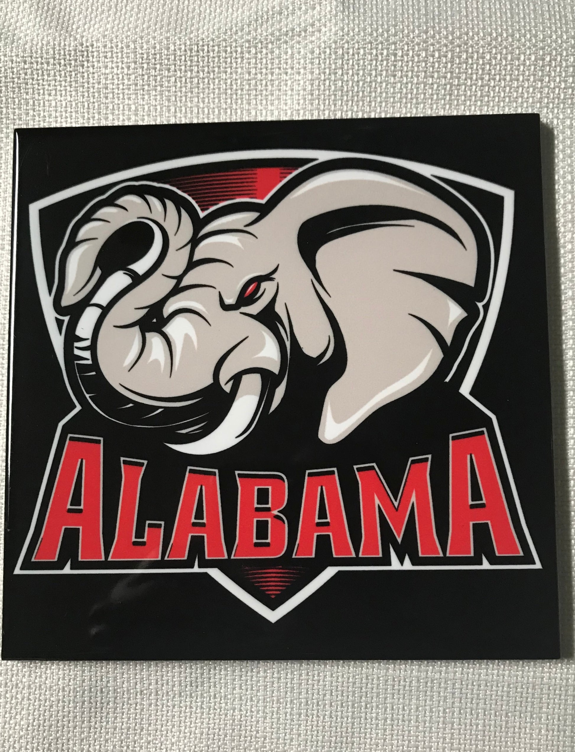 Custom Alabama Ceramic Tile with Elephant and the word Alabama underneath. This is a satin look tile.