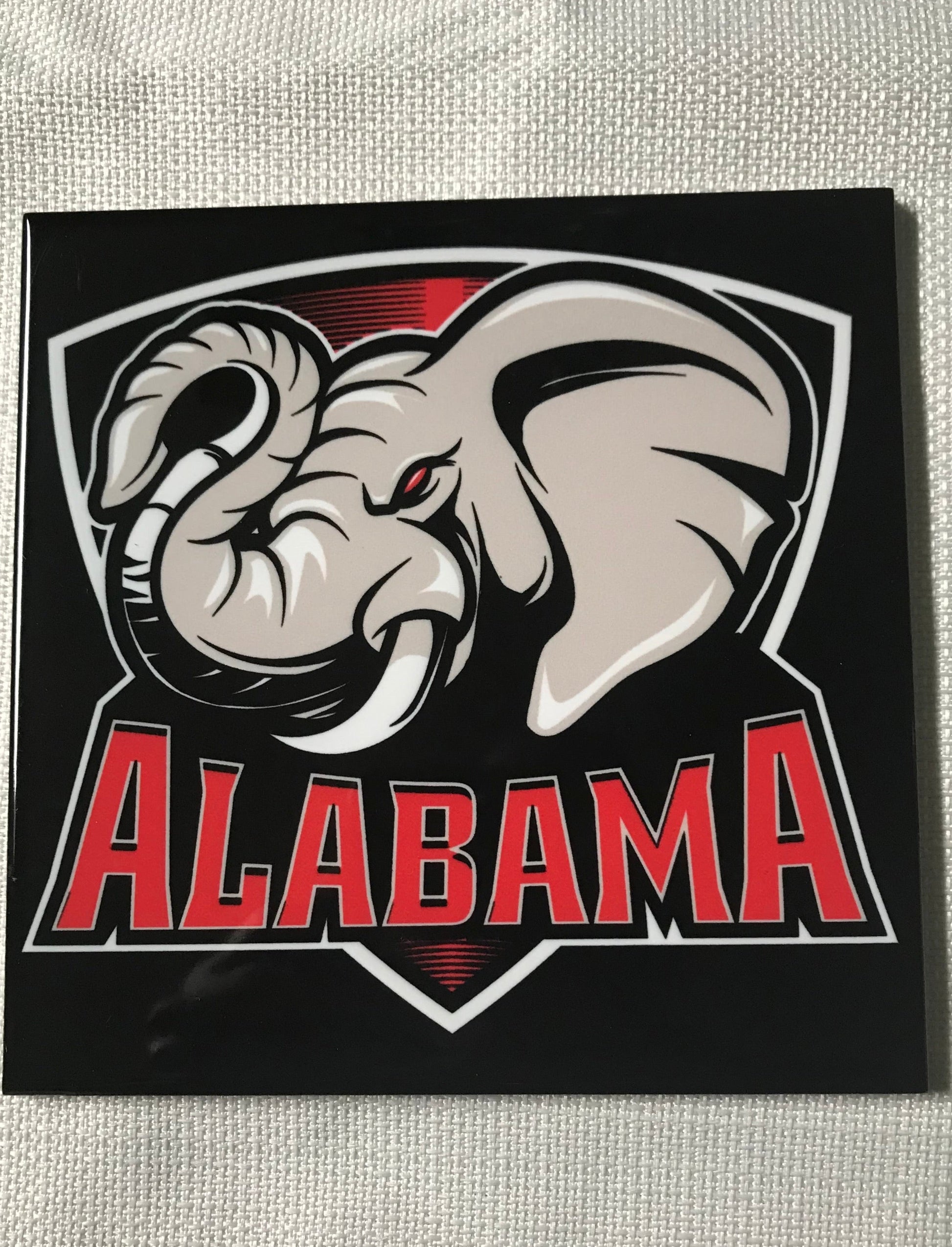 Custom Alabama Ceramic Tile with Elephant and the word Alabama underneath. This is a satin look tile.