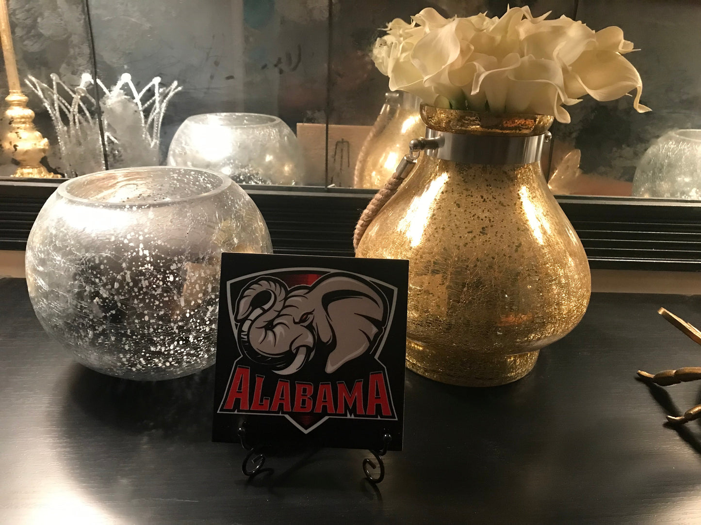 Custom Alabama Ceramic Tile with Elephant and the word Alabama underneath.  This is a satin look tile.