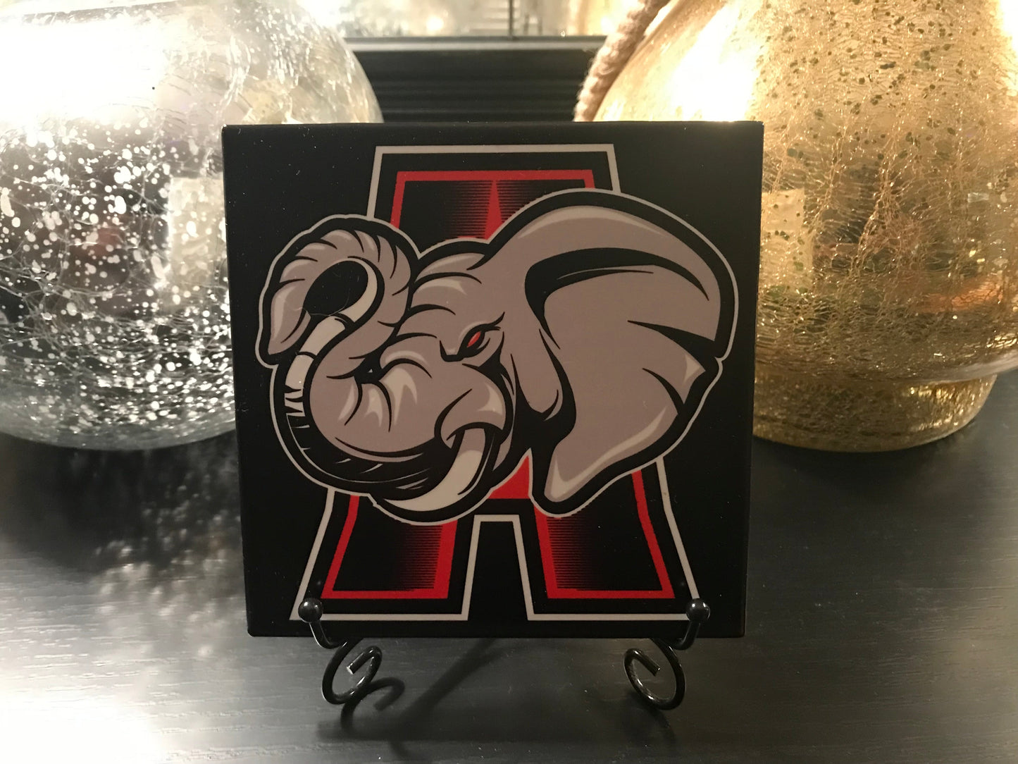 Custom Alabama Ceramic Tile with Elephant over an A. This is a satin look tile.