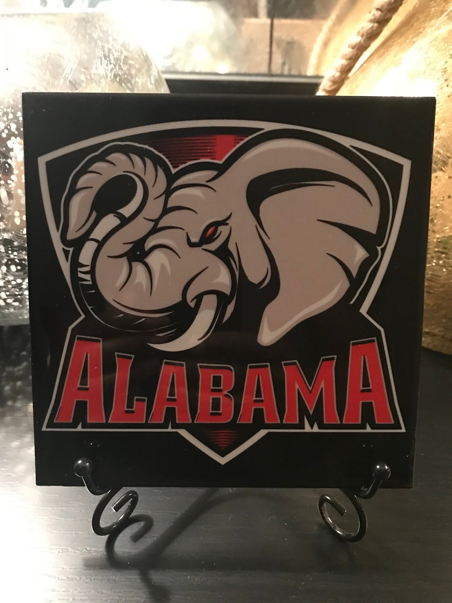 Custom Alabama Ceramic Tile with Elephant and the word Alabama underneath. This is a satin look tile.